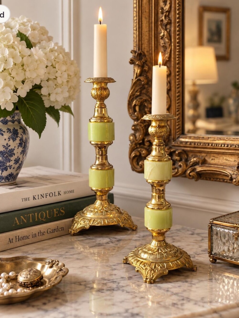 Vintage Ornate Gold & Green Faux Onyx Candlestick Pair